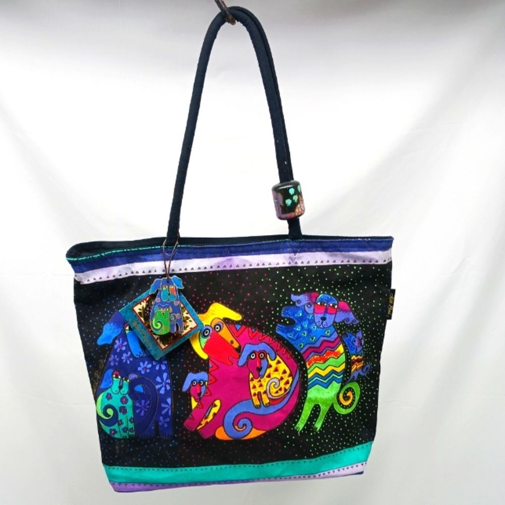 Laurel Burch Dogs and Doggies Canvas Tote Bag Black Purple Handbag NEW Artsy..
